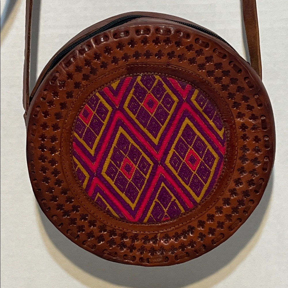 Round Leather Crossbody Bag Pink Purple Accent Made In Mexico Boho
